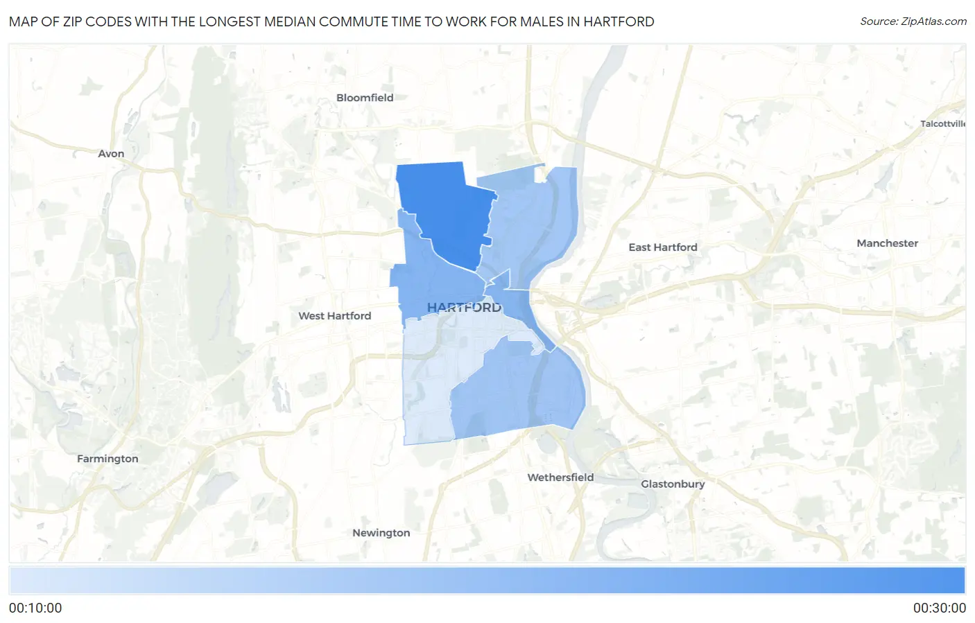 Zip Codes with the Longest Median Commute Time to Work for Males in Hartford Map