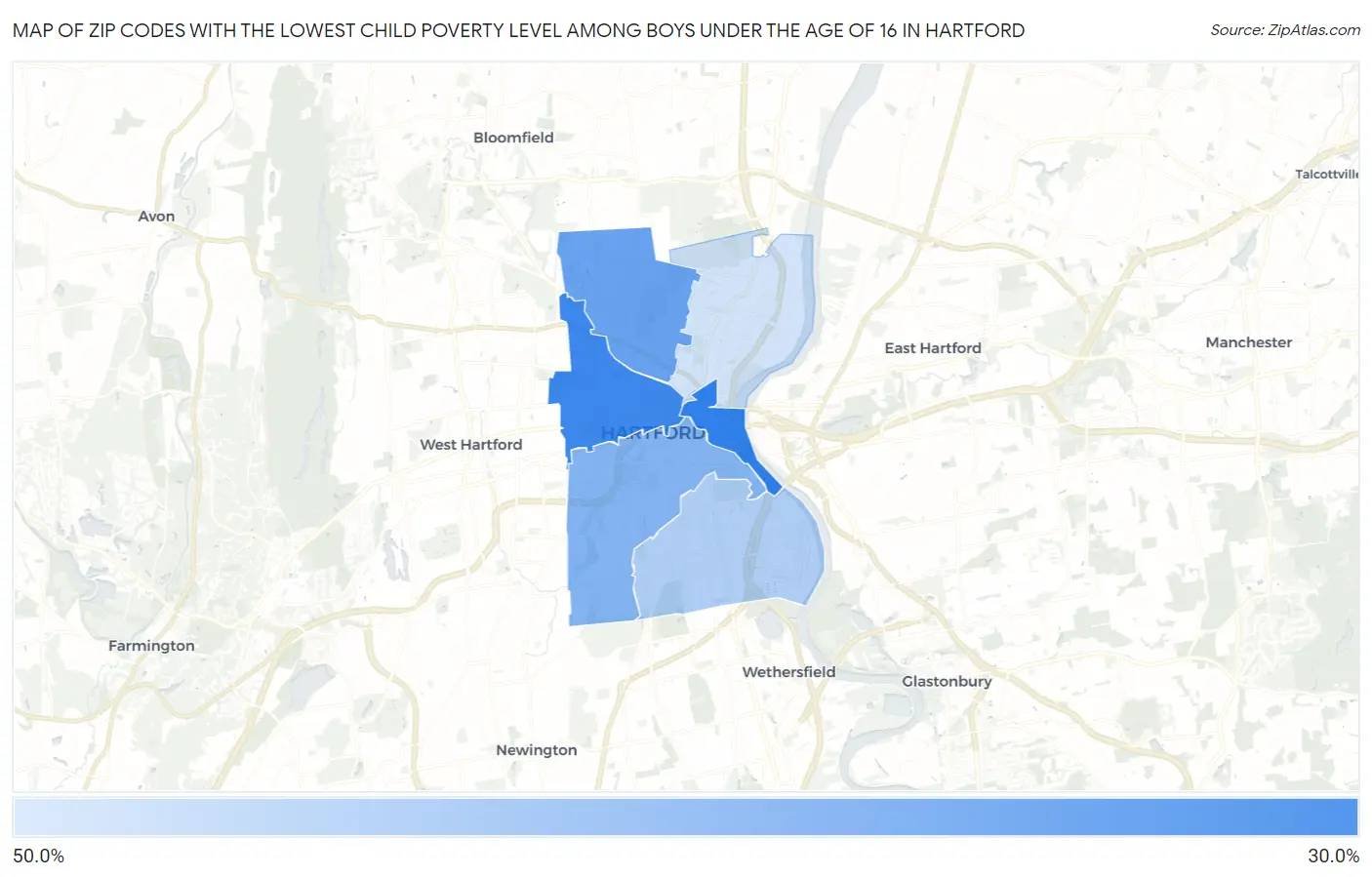 Zip Codes with the Lowest Child Poverty Level Among Boys Under the Age of 16 in Hartford Map