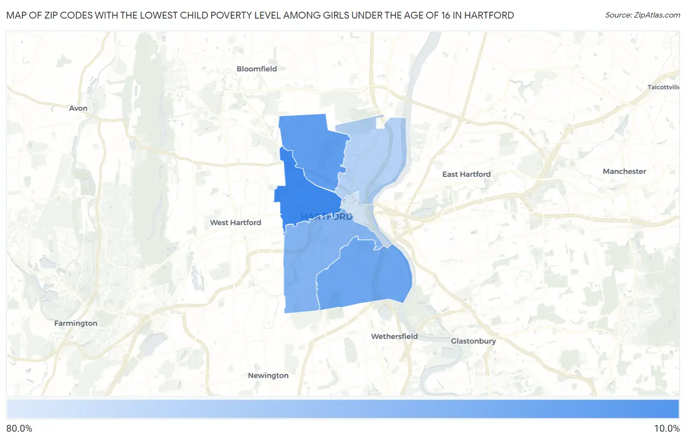 Zip Codes with the Lowest Child Poverty Level Among Girls Under the Age of 16 in Hartford Map