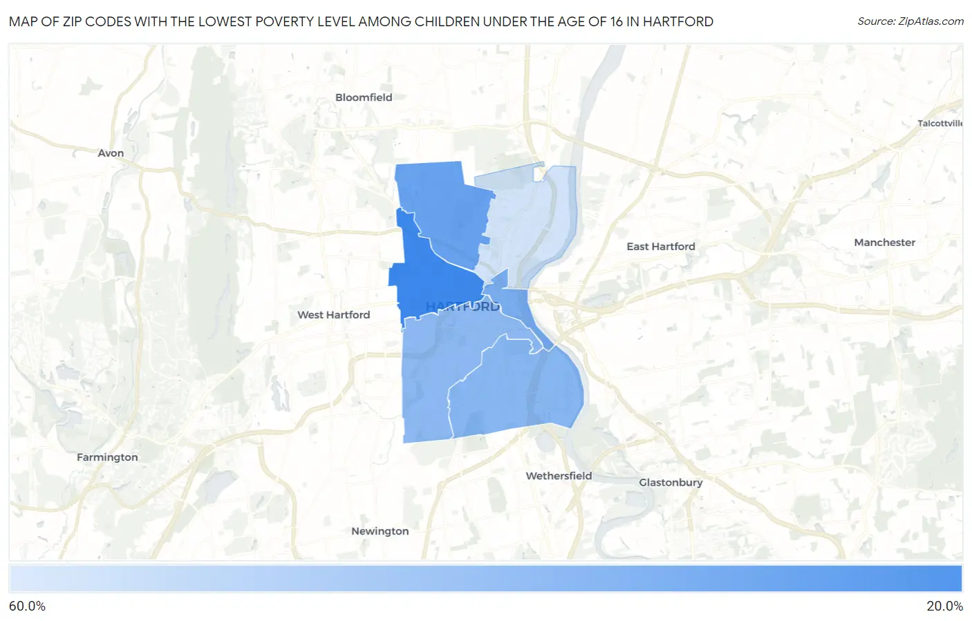 Zip Codes with the Lowest Poverty Level Among Children Under the Age of 16 in Hartford Map
