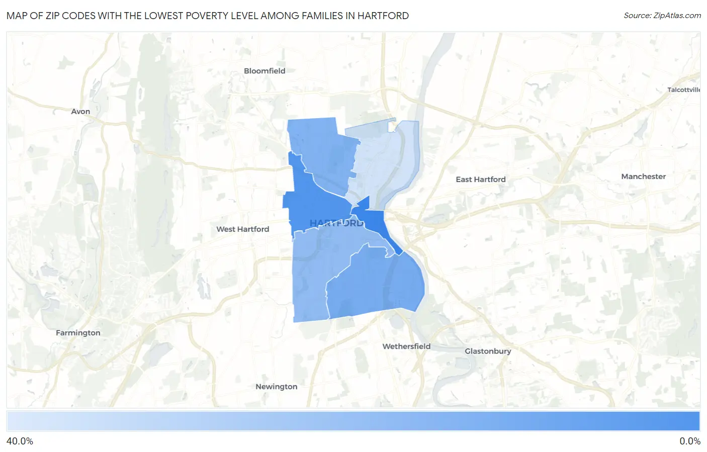 Zip Codes with the Lowest Poverty Level Among Families in Hartford Map