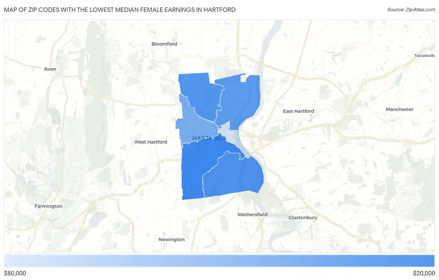 Zip Codes with the Lowest Median Female Earnings in Hartford Map