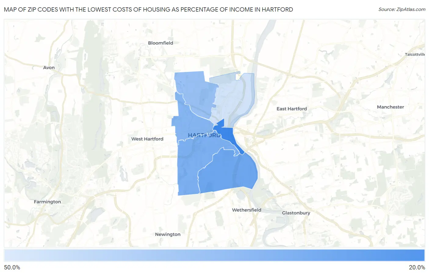 Zip Codes with the Lowest Costs of Housing as Percentage of Income in Hartford Map