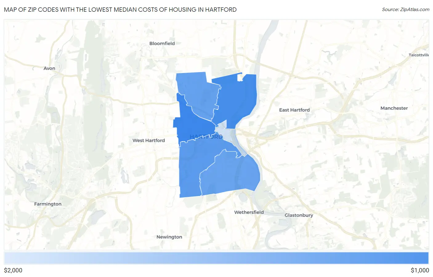 Zip Codes with the Lowest Median Costs of Housing in Hartford Map
