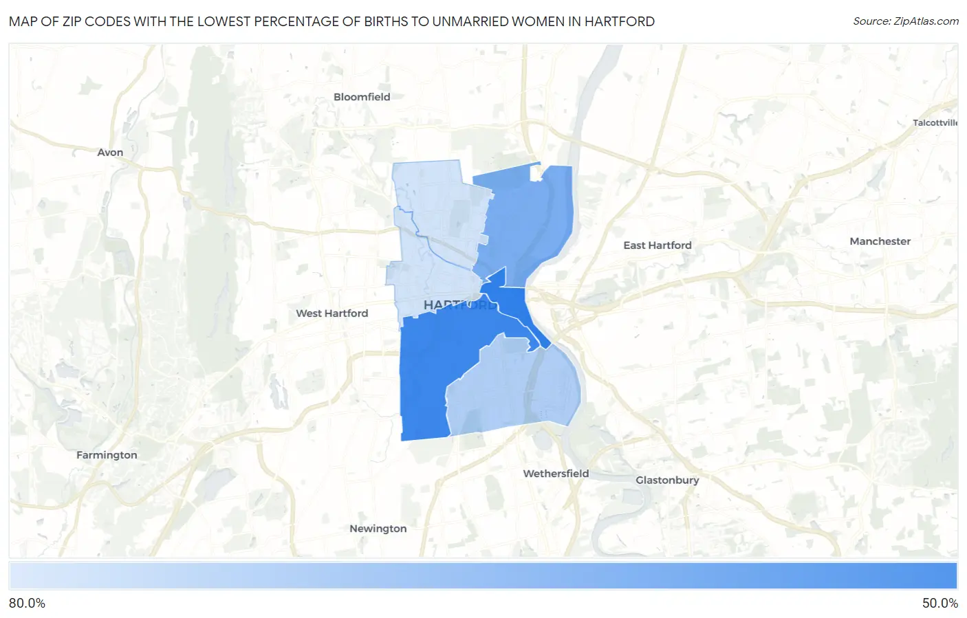 Zip Codes with the Lowest Percentage of Births to Unmarried Women in Hartford Map