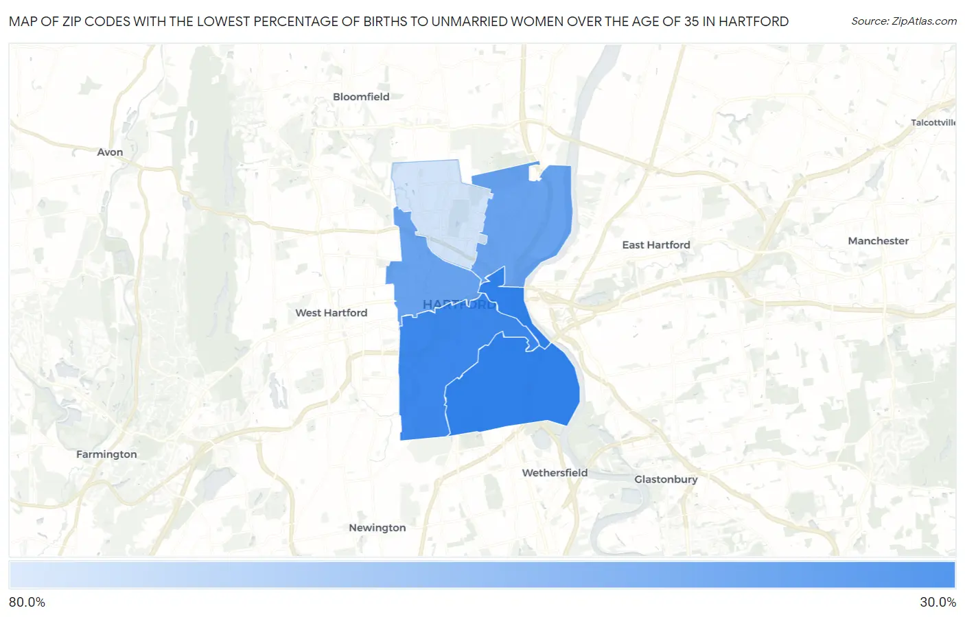 Zip Codes with the Lowest Percentage of Births to Unmarried Women over the Age of 35 in Hartford Map