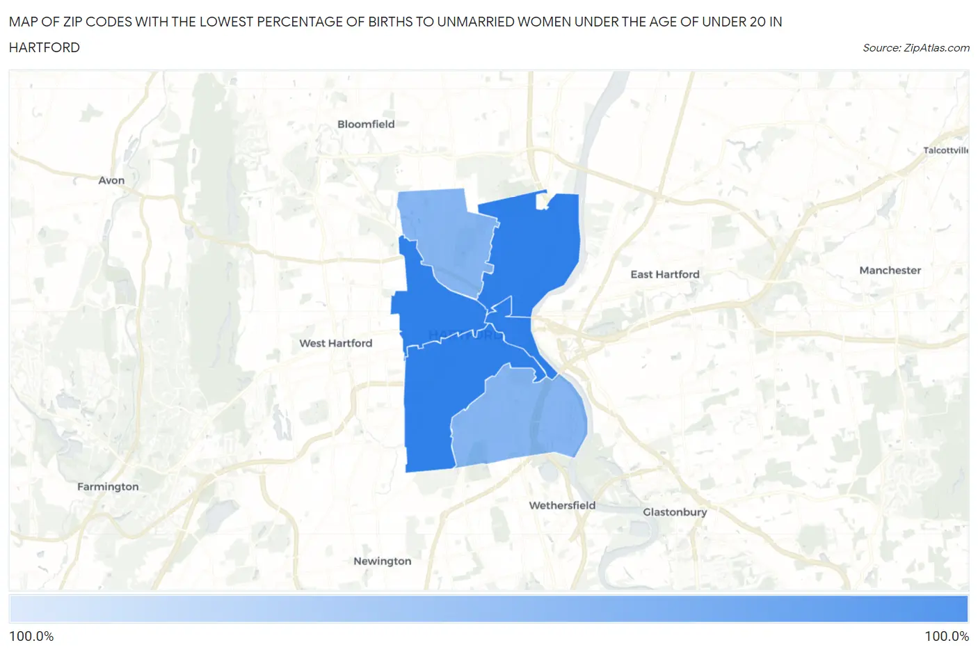 Zip Codes with the Lowest Percentage of Births to Unmarried Women under the Age of under 20 in Hartford Map