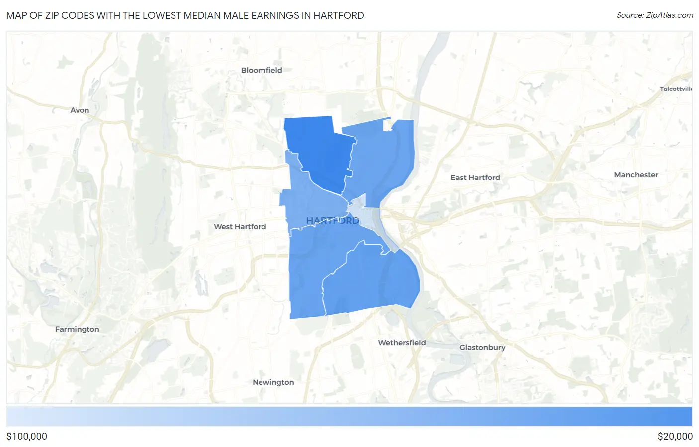 Zip Codes with the Lowest Median Male Earnings in Hartford Map