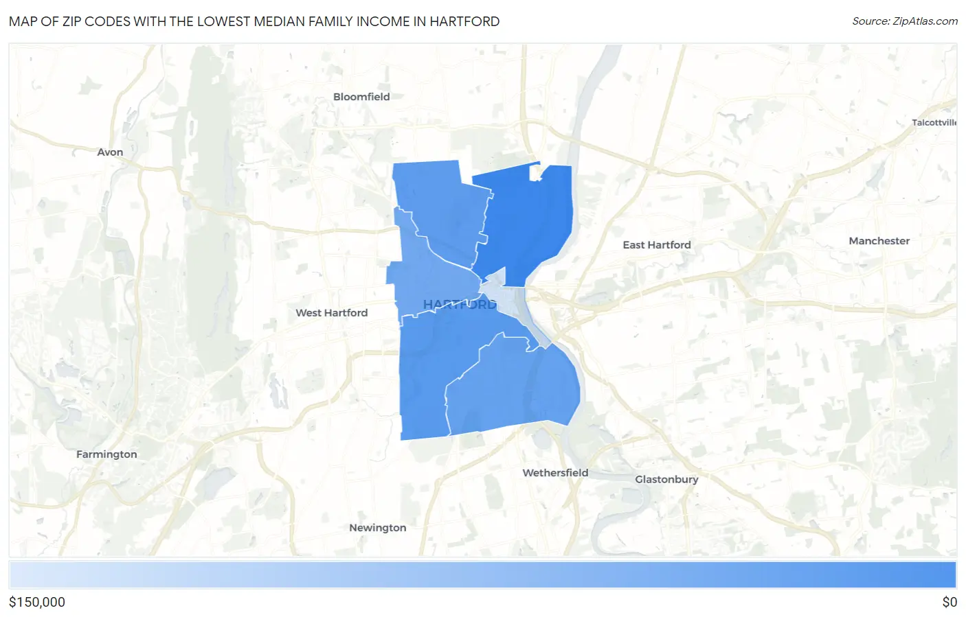 Zip Codes with the Lowest Median Family Income in Hartford Map