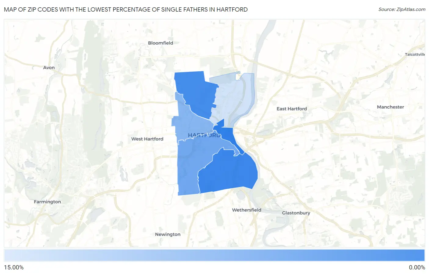 Zip Codes with the Lowest Percentage of Single Fathers in Hartford Map