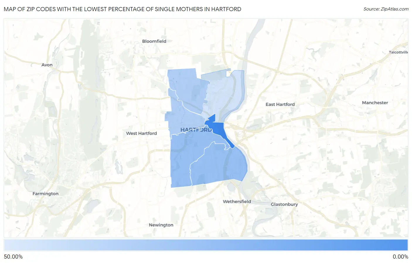 Zip Codes with the Lowest Percentage of Single Mothers in Hartford Map