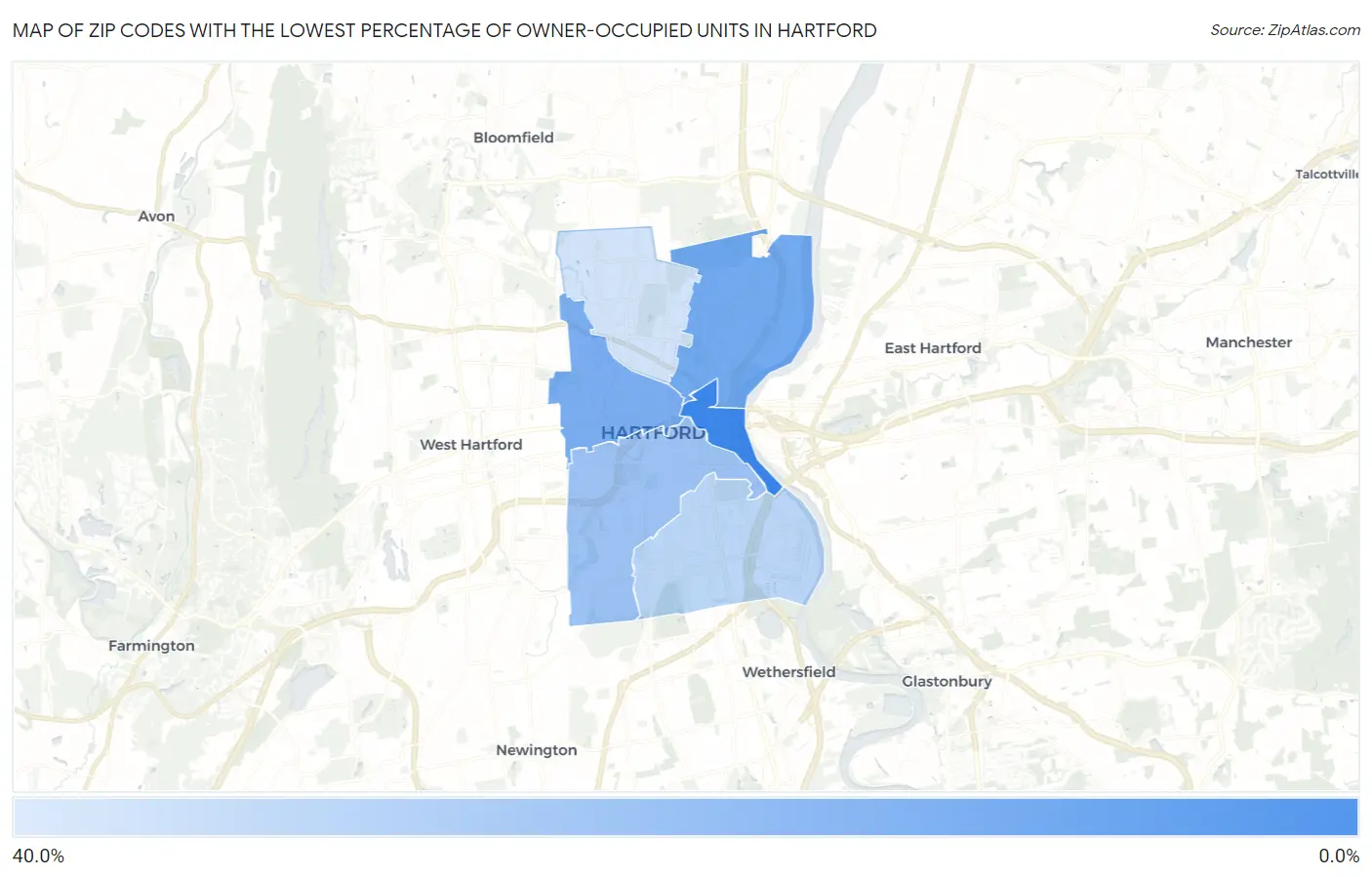 Zip Codes with the Lowest Percentage of Owner-Occupied Units in Hartford Map