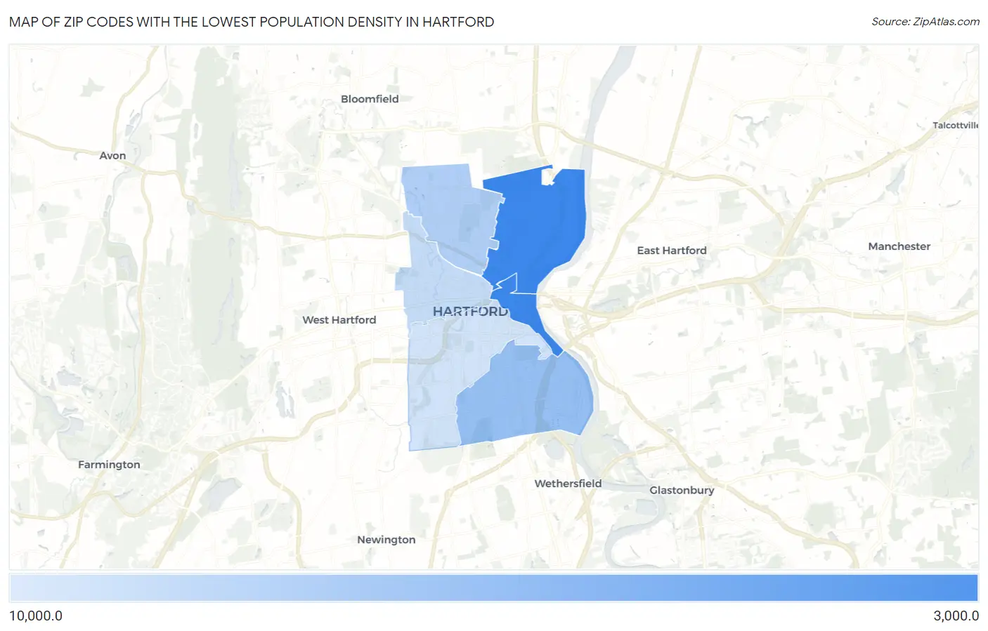 Zip Codes with the Lowest Population Density in Hartford Map