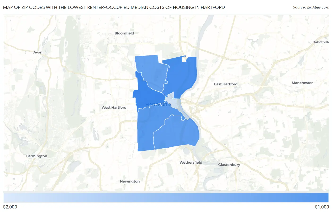 Zip Codes with the Lowest Renter-Occupied Median Costs of Housing in Hartford Map