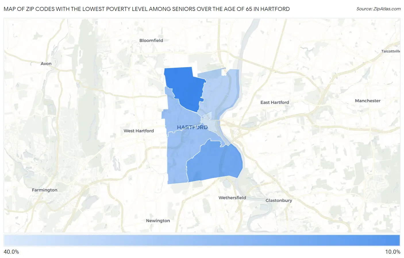 Zip Codes with the Lowest Poverty Level Among Seniors Over the Age of 65 in Hartford Map