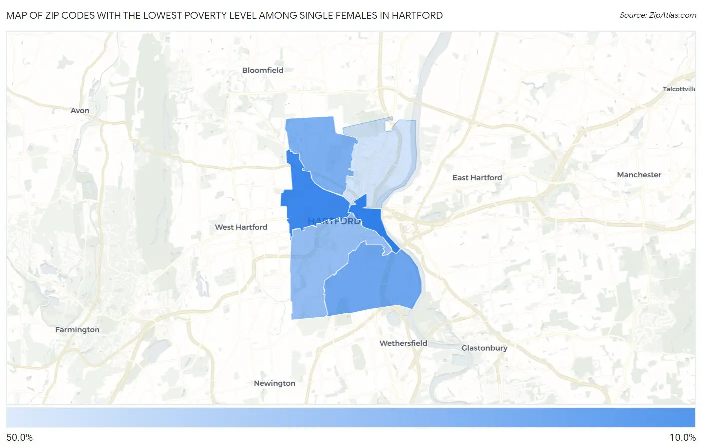 Zip Codes with the Lowest Poverty Level Among Single Females in Hartford Map