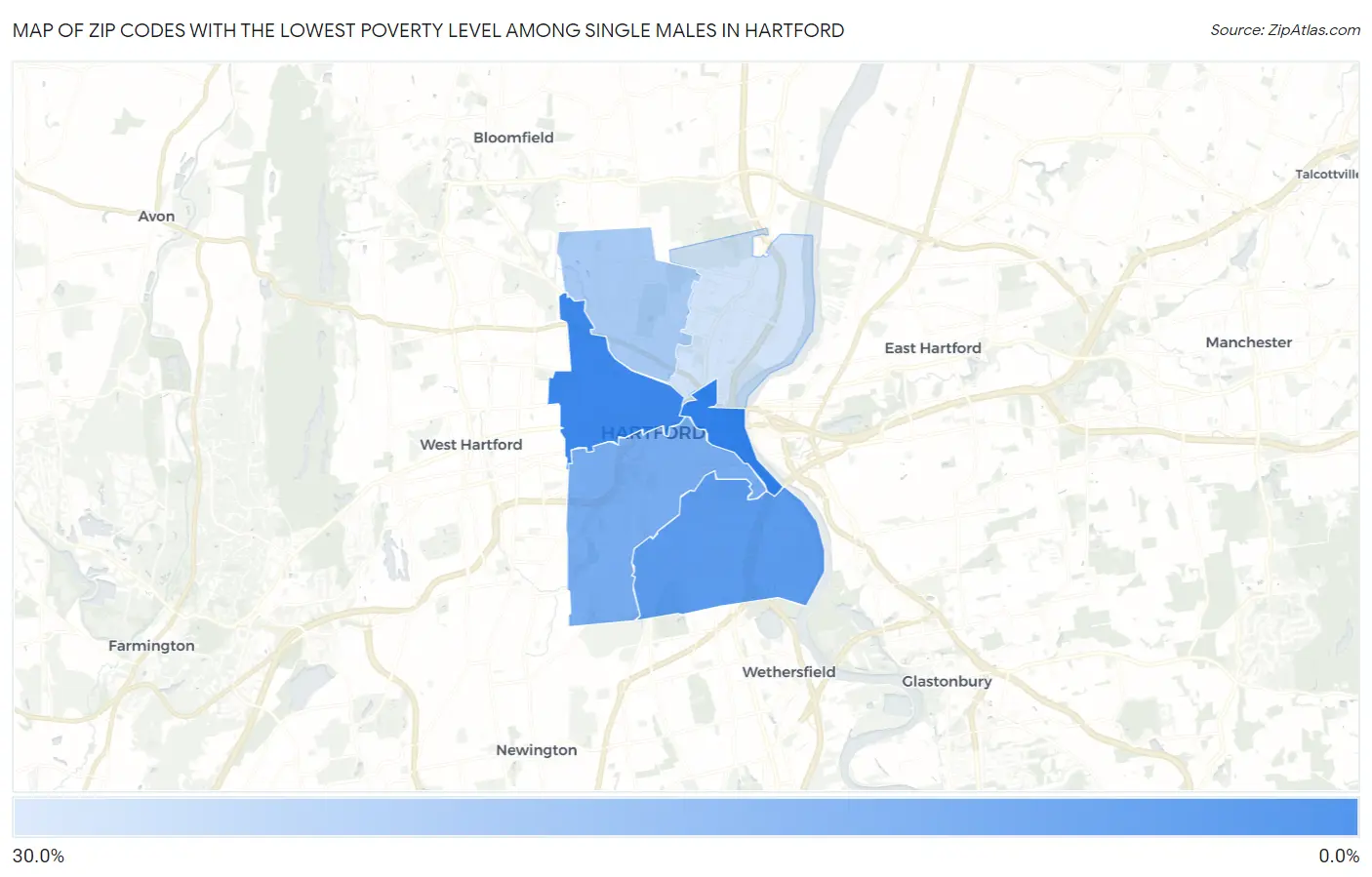 Zip Codes with the Lowest Poverty Level Among Single Males in Hartford Map