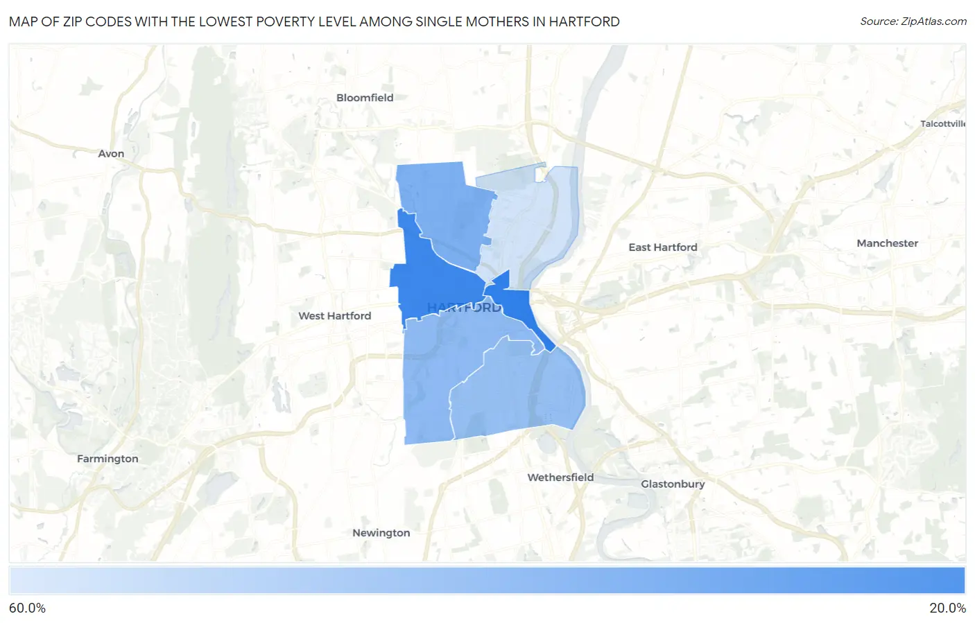 Zip Codes with the Lowest Poverty Level Among Single Mothers in Hartford Map