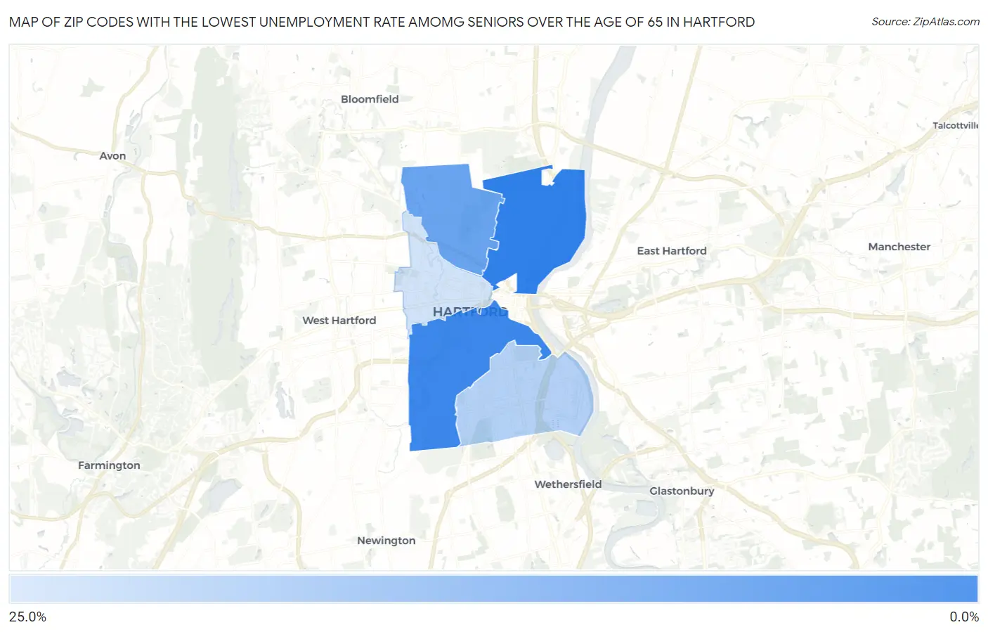 Zip Codes with the Lowest Unemployment Rate Amomg Seniors Over the Age of 65 in Hartford Map