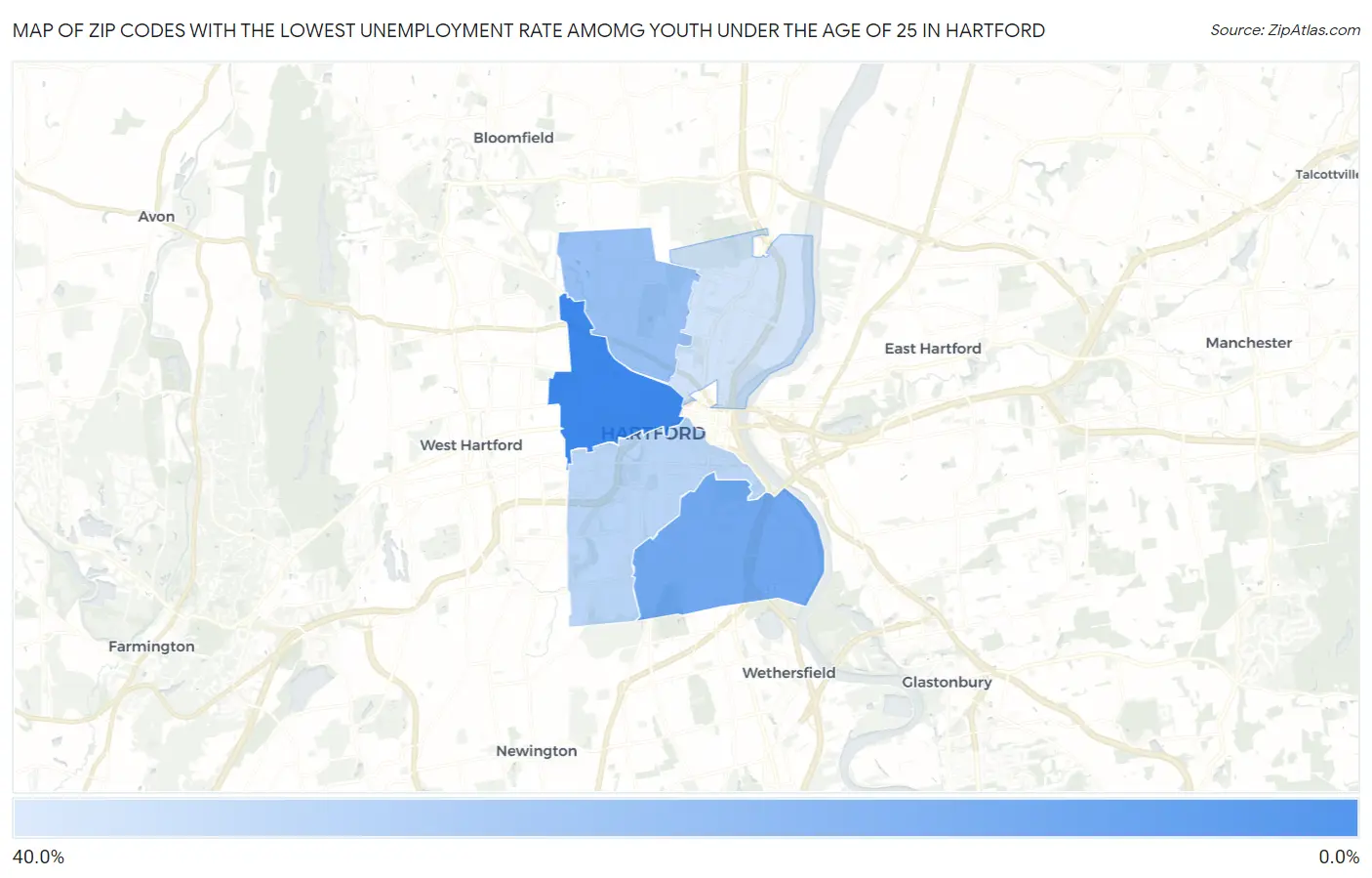 Zip Codes with the Lowest Unemployment Rate Amomg Youth Under the Age of 25 in Hartford Map
