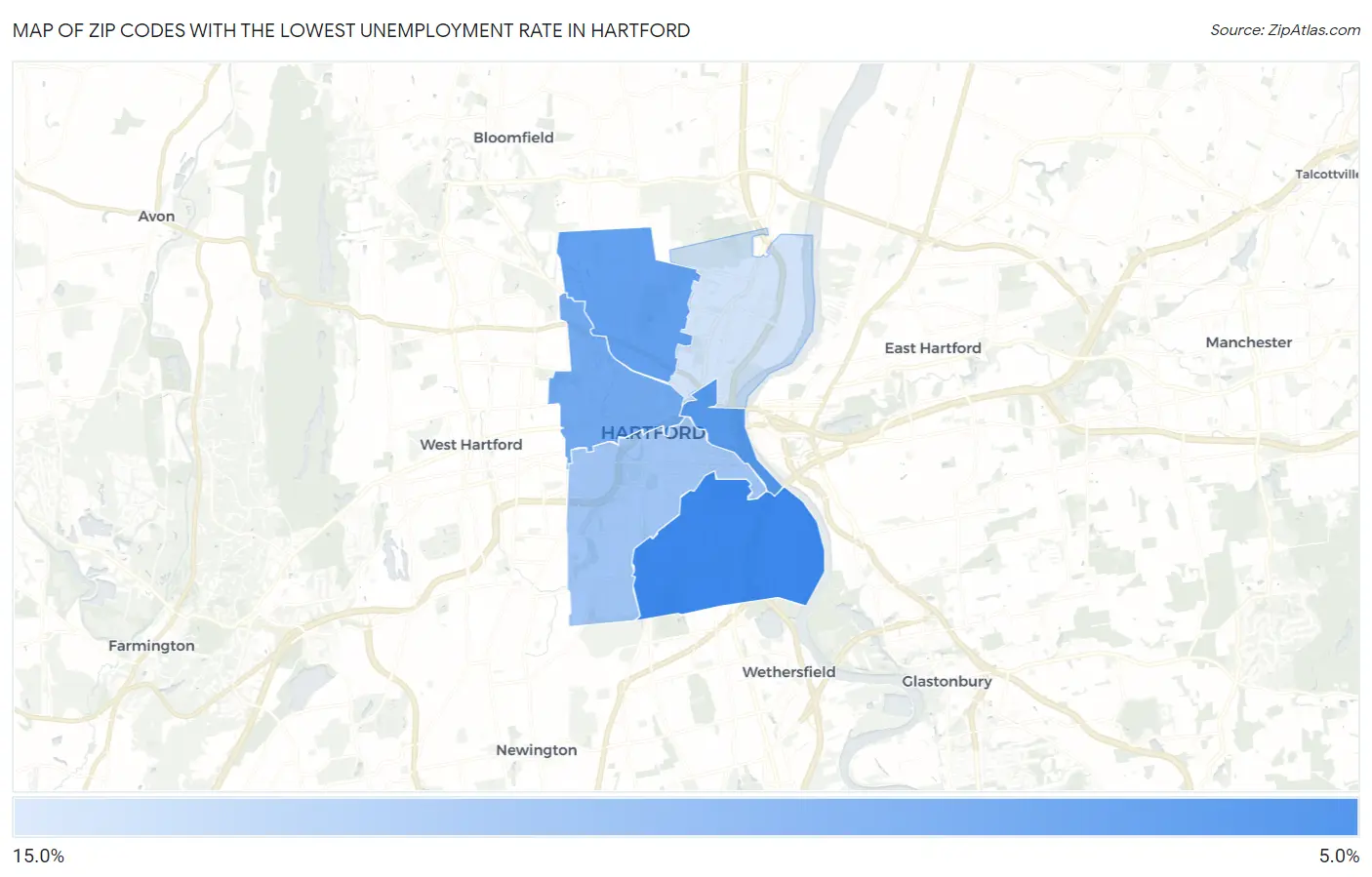 Zip Codes with the Lowest Unemployment Rate in Hartford Map