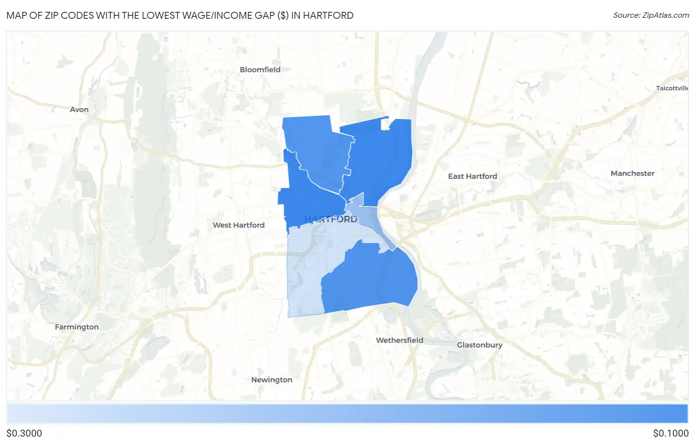 Zip Codes with the Lowest Wage/Income Gap ($) in Hartford Map