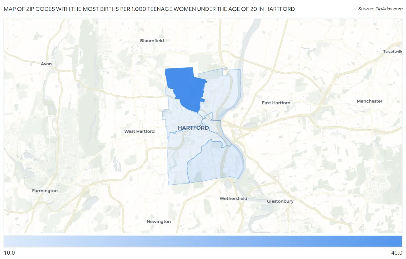 Zip Codes with the Most Births per 1,000 Teenage Women Under the Age of 20 in Hartford Map