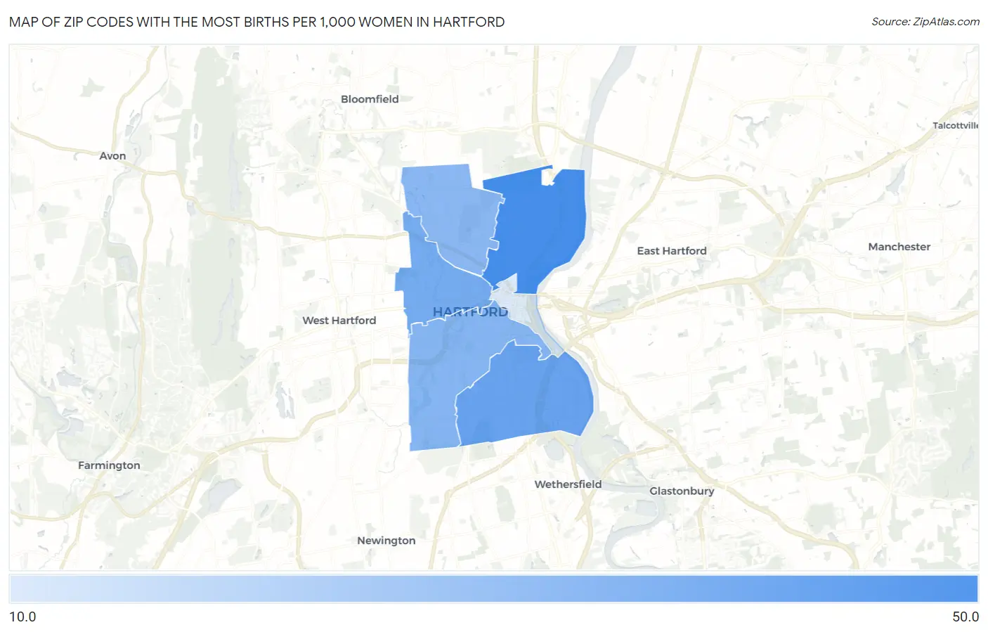 Zip Codes with the Most Births per 1,000 Women in Hartford Map