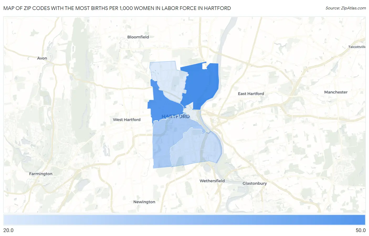Zip Codes with the Most Births per 1,000 Women in Labor Force in Hartford Map