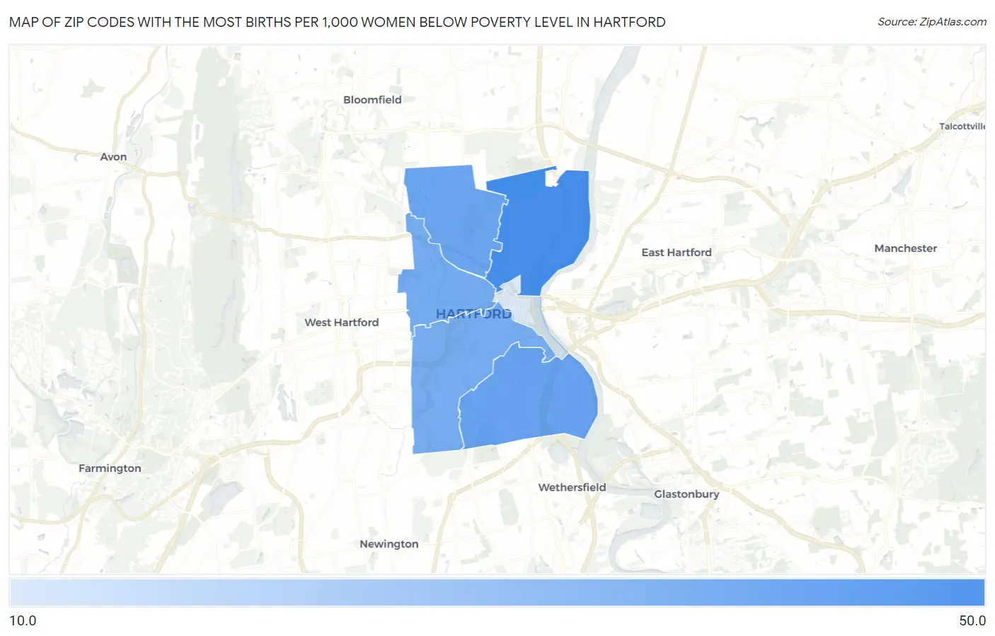 Zip Codes with the Most Births per 1,000 Women Below Poverty Level in Hartford Map
