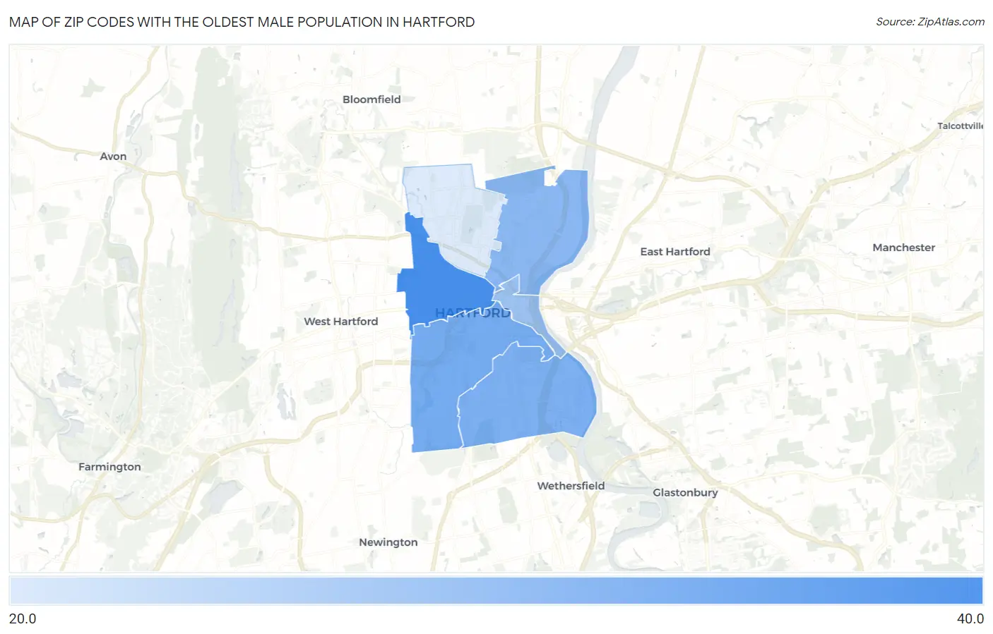 Zip Codes with the Oldest Male Population in Hartford Map