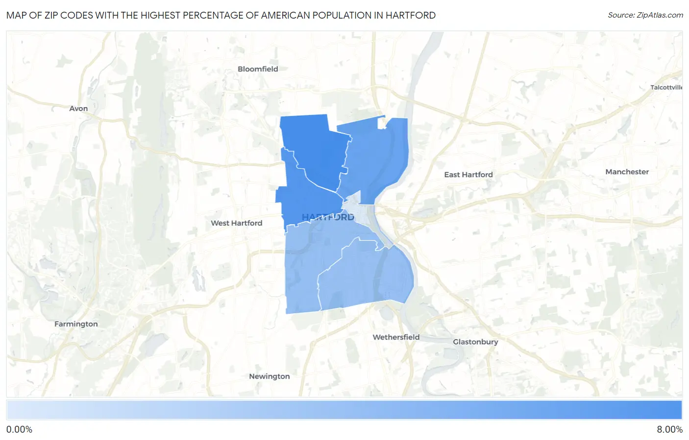 Zip Codes with the Highest Percentage of American Population in Hartford Map
