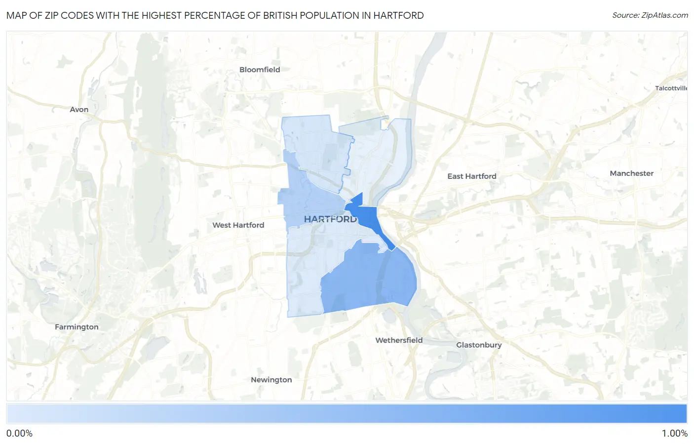 Zip Codes with the Highest Percentage of British Population in Hartford Map