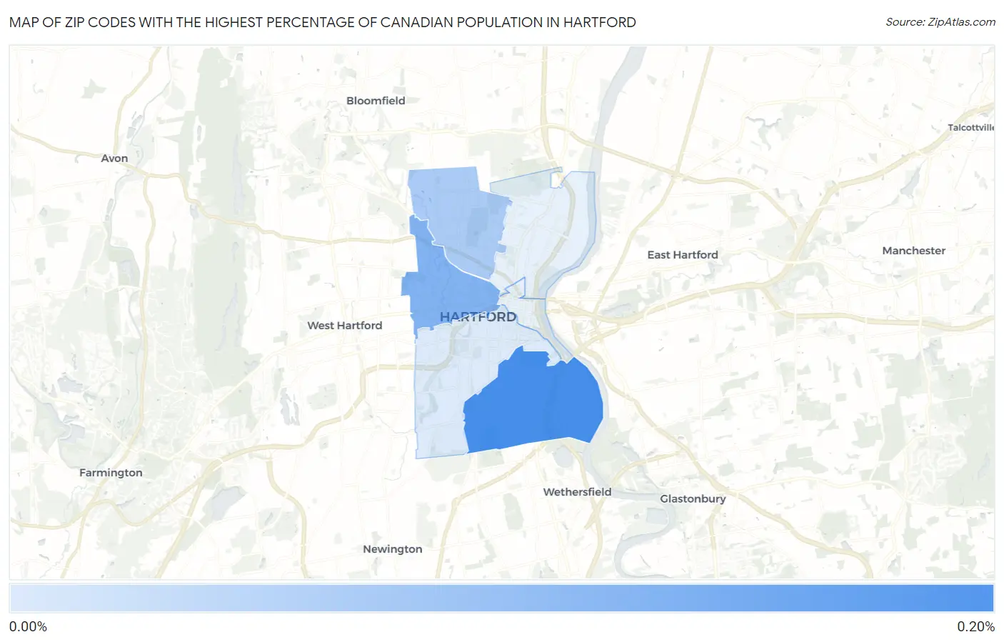 Zip Codes with the Highest Percentage of Canadian Population in Hartford Map
