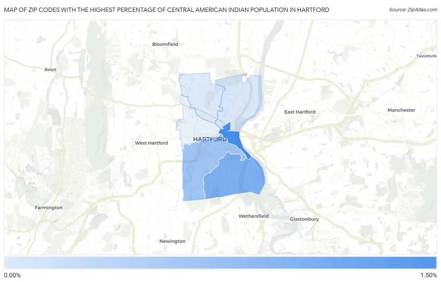 Zip Codes with the Highest Percentage of Central American Indian Population in Hartford Map