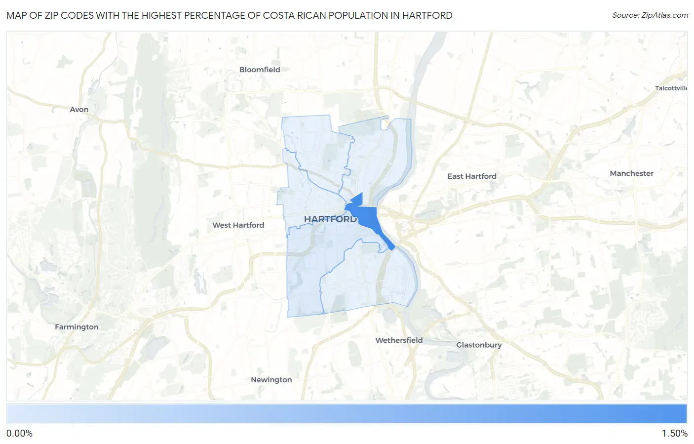 Zip Codes with the Highest Percentage of Costa Rican Population in Hartford Map