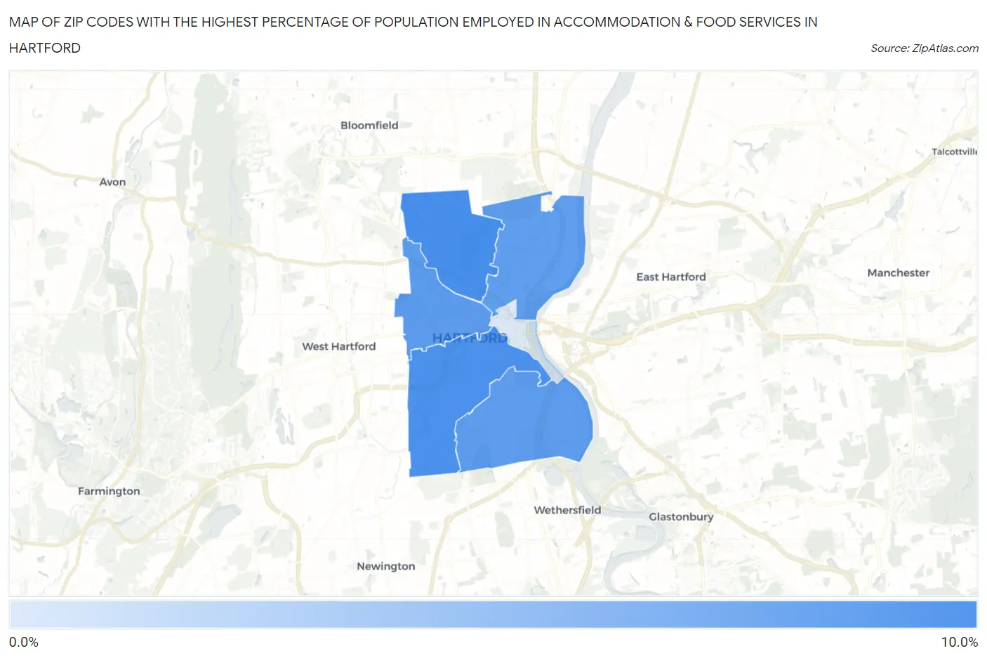 Zip Codes with the Highest Percentage of Population Employed in Accommodation & Food Services in Hartford Map