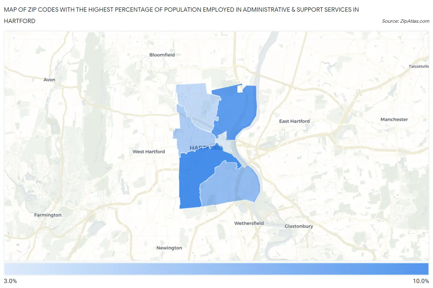 Zip Codes with the Highest Percentage of Population Employed in Administrative & Support Services in Hartford Map