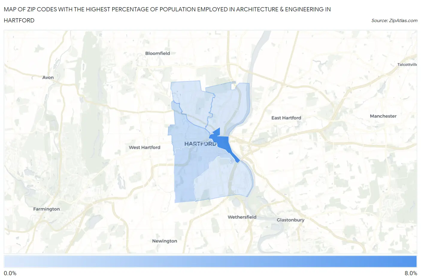 Zip Codes with the Highest Percentage of Population Employed in Architecture & Engineering in Hartford Map
