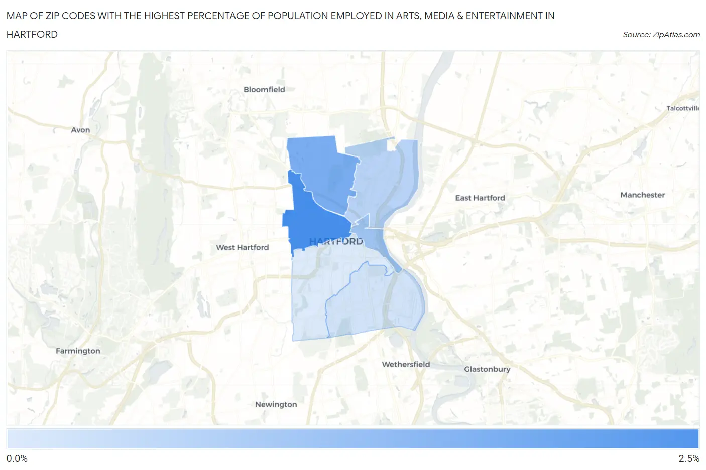 Zip Codes with the Highest Percentage of Population Employed in Arts, Media & Entertainment in Hartford Map