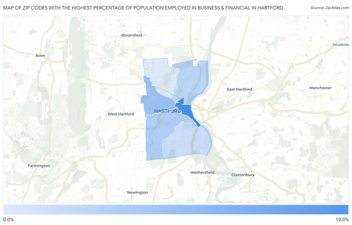 Zip Codes with the Highest Percentage of Population Employed in Business & Financial in Hartford Map