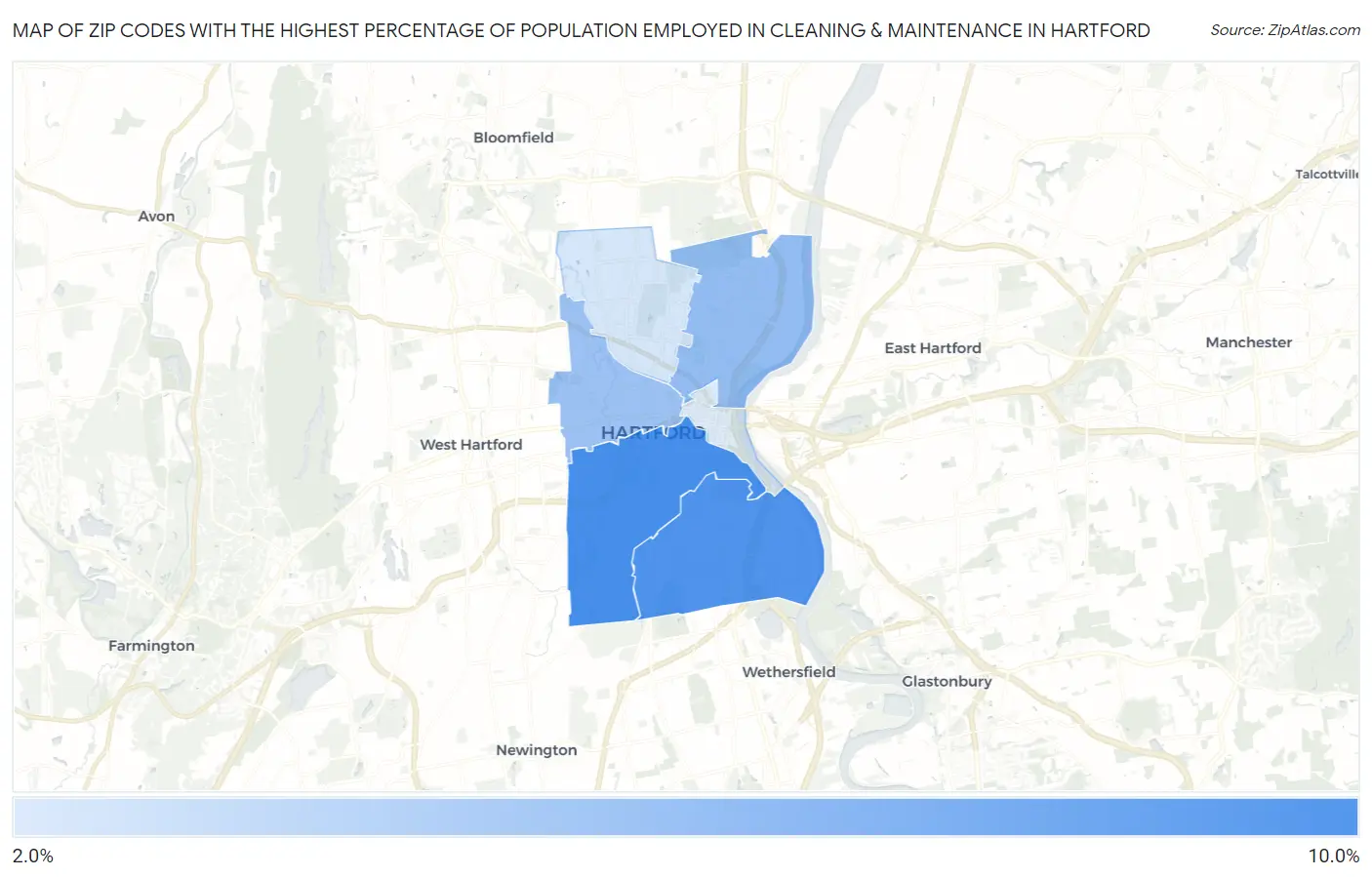 Zip Codes with the Highest Percentage of Population Employed in Cleaning & Maintenance in Hartford Map