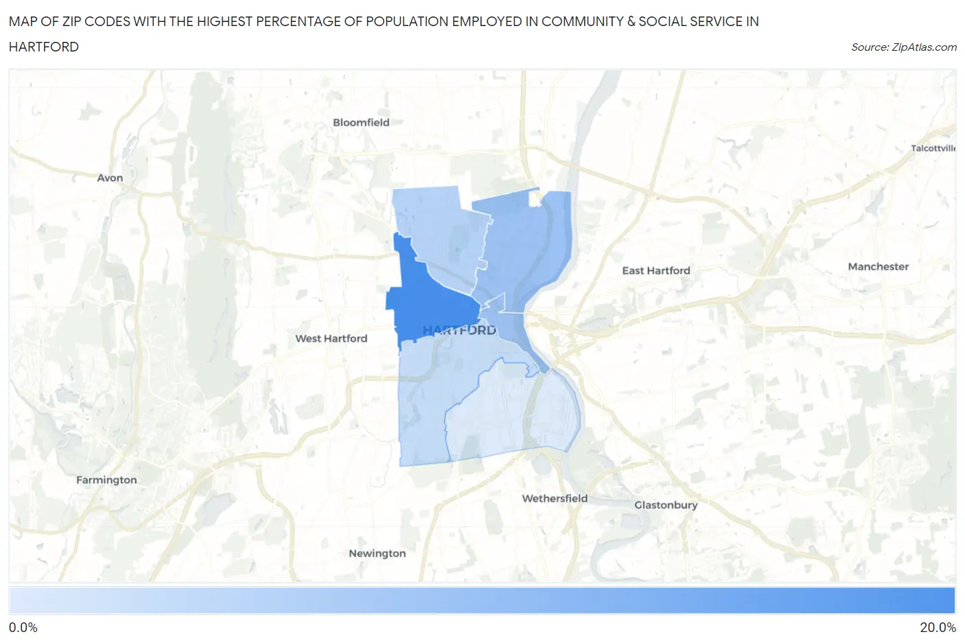 Zip Codes with the Highest Percentage of Population Employed in Community & Social Service  in Hartford Map