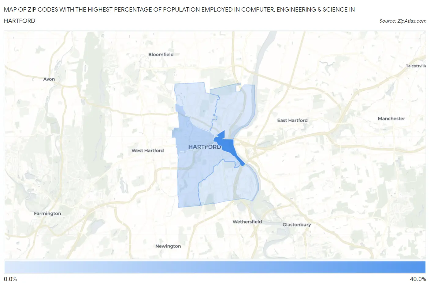 Zip Codes with the Highest Percentage of Population Employed in Computer, Engineering & Science in Hartford Map