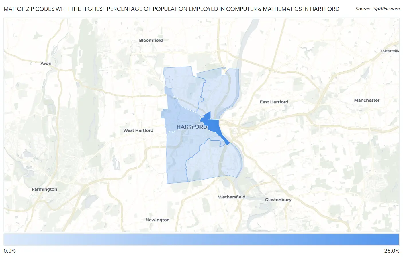 Zip Codes with the Highest Percentage of Population Employed in Computer & Mathematics in Hartford Map