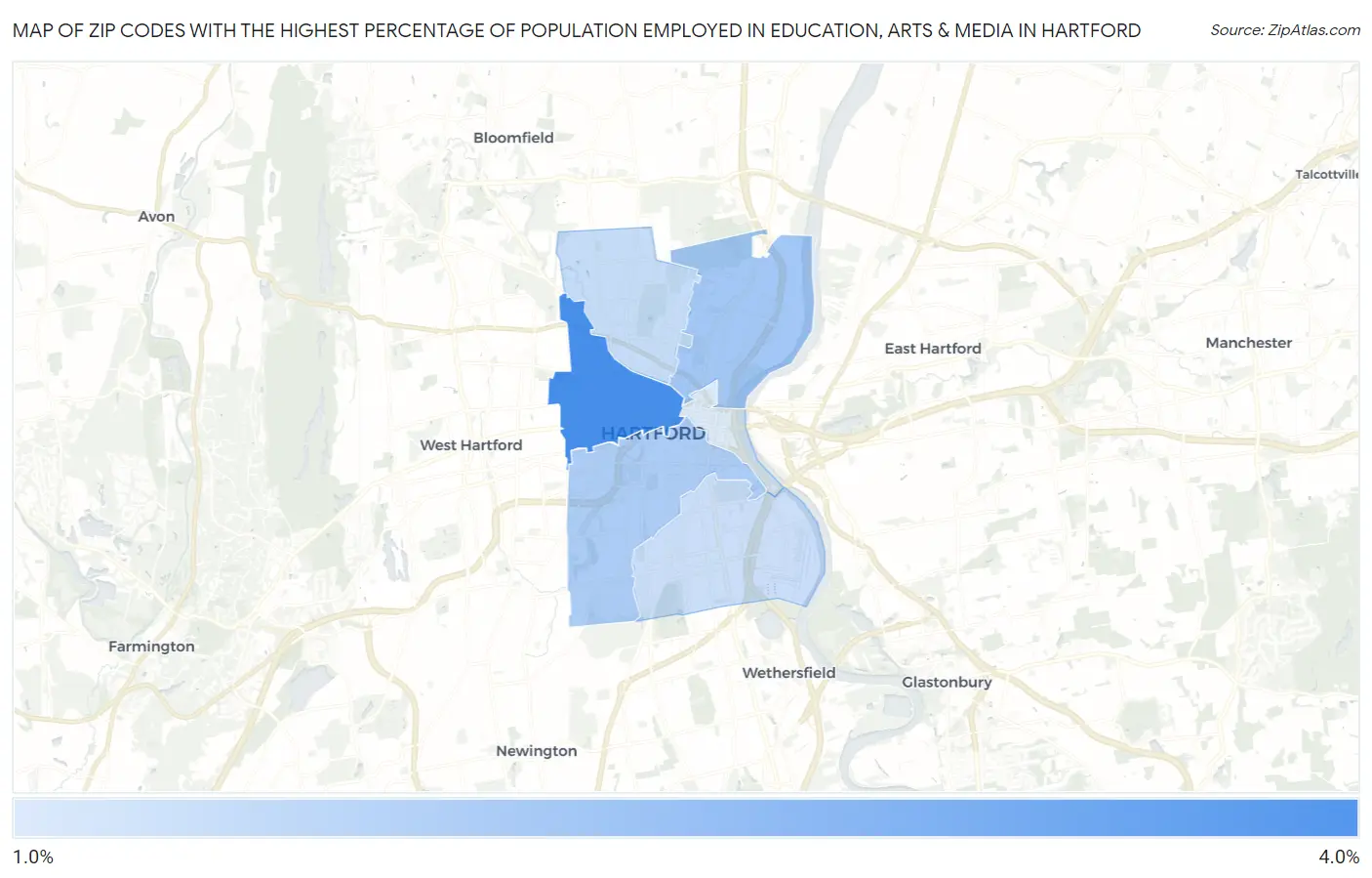Zip Codes with the Highest Percentage of Population Employed in Education, Arts & Media in Hartford Map
