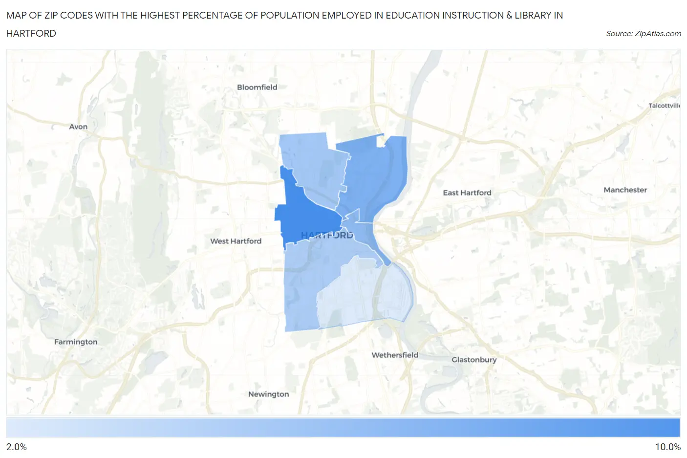 Zip Codes with the Highest Percentage of Population Employed in Education Instruction & Library in Hartford Map