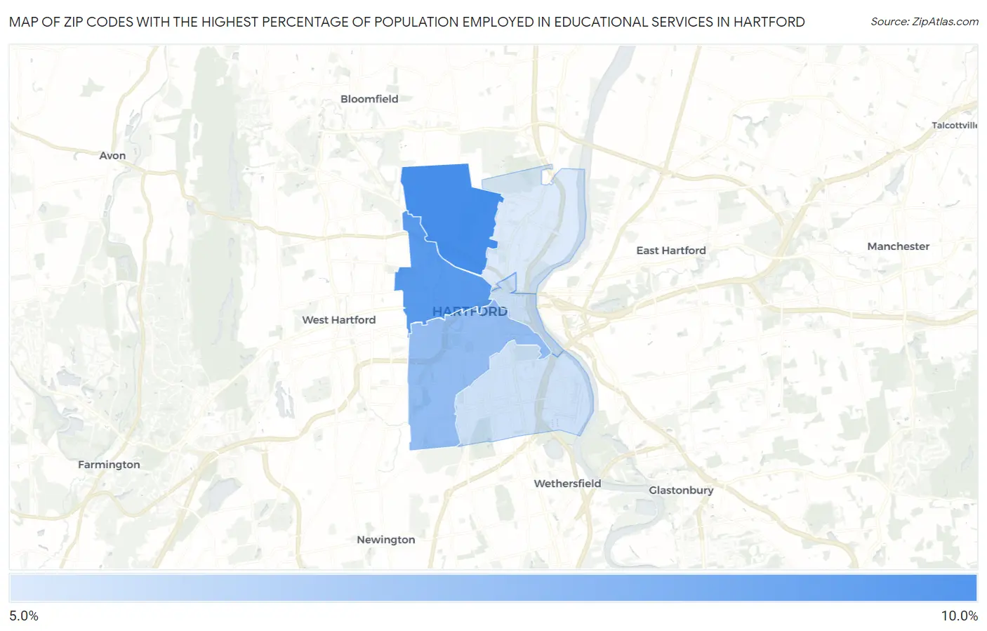 Zip Codes with the Highest Percentage of Population Employed in Educational Services in Hartford Map