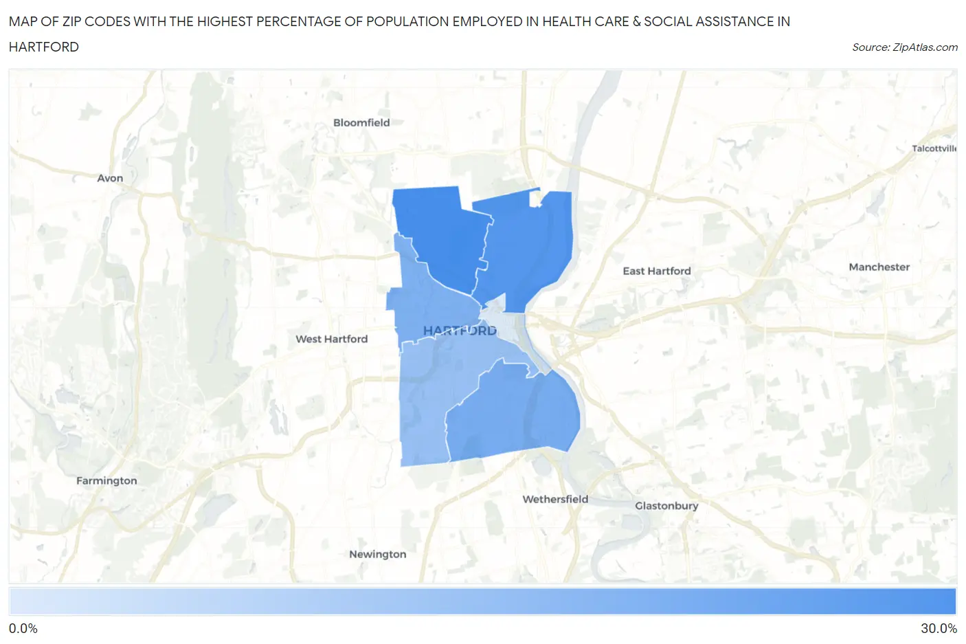 Zip Codes with the Highest Percentage of Population Employed in Health Care & Social Assistance in Hartford Map