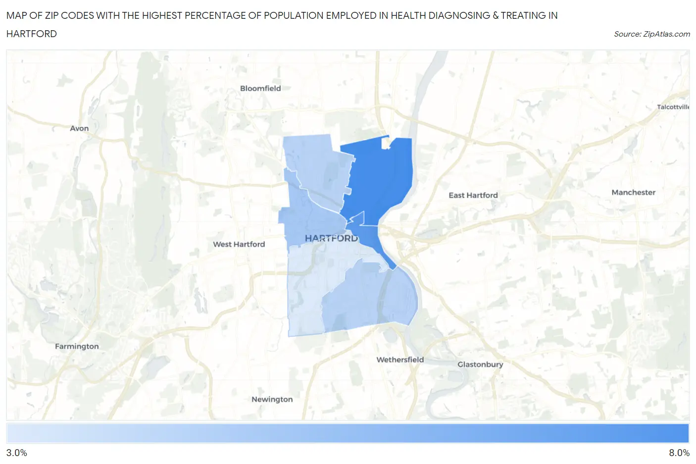 Zip Codes with the Highest Percentage of Population Employed in Health Diagnosing & Treating in Hartford Map